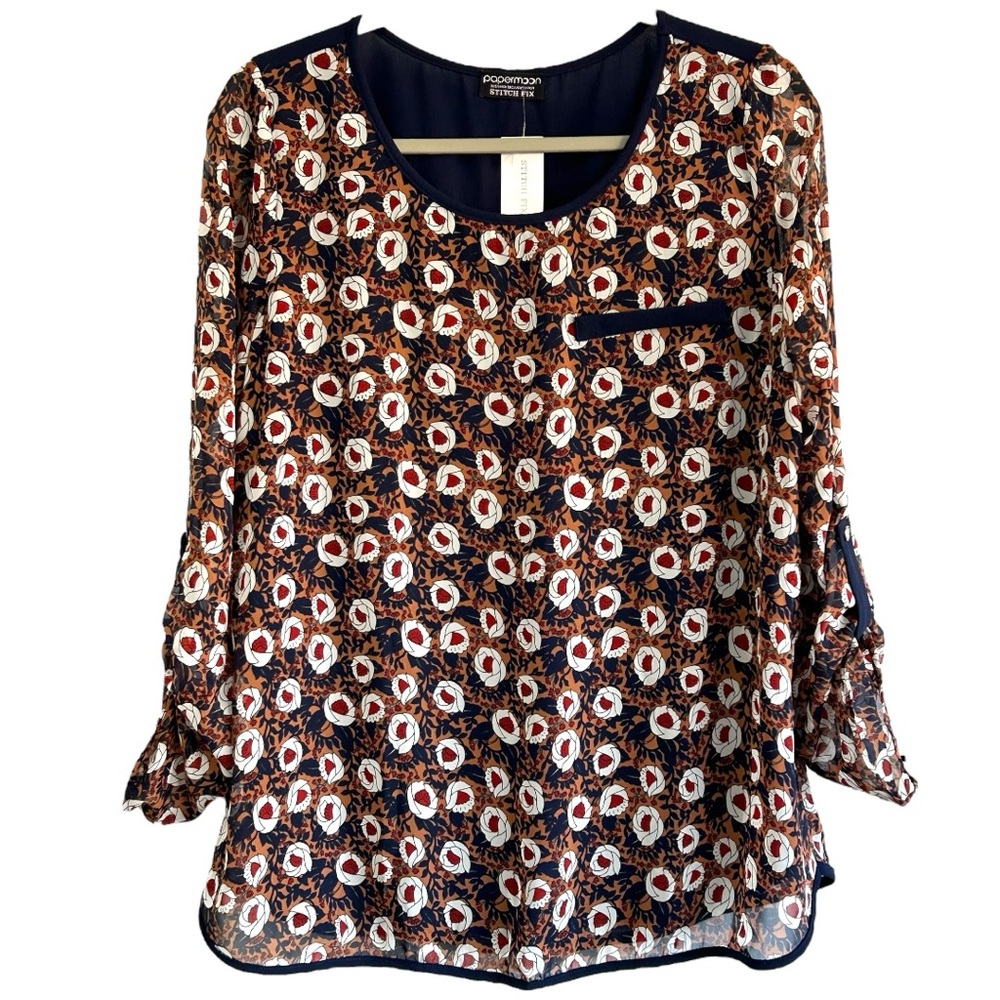 Papermoon NWT Women’s Roll Tab Pullover Floral Blouse‎  Sz L
